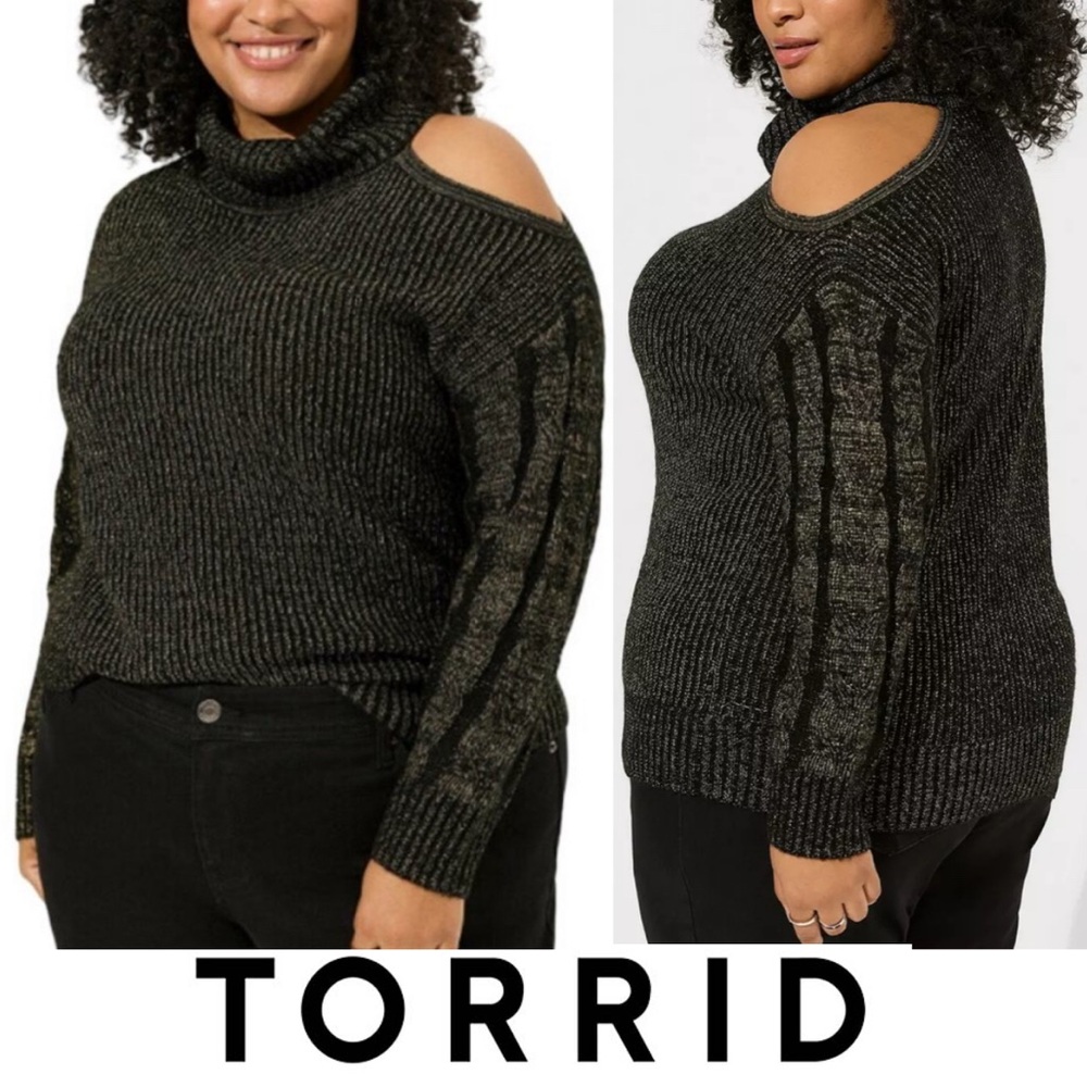 Torrid Black Gold Metallic Lurex Cable Knit Open Shoulder Turtle Neck Sweater